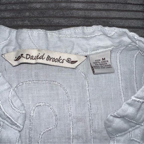 DAVID BROOKS Grayish Blue 100% Linen Embroidered 3/4 Sleeve Shirt Medium - Picture 8 of 9